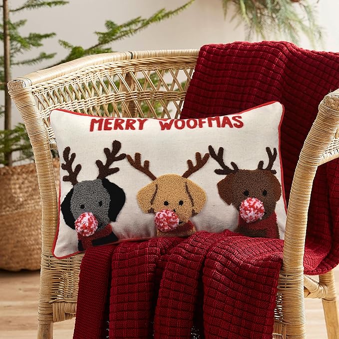 Merry Woofmas Christmas Pillow Covers 12x20, Cute Dog Embroidered Christmas Throw Pillow Covers Christmas Decorations Holiday Pillows for Home Couch,Linen/red