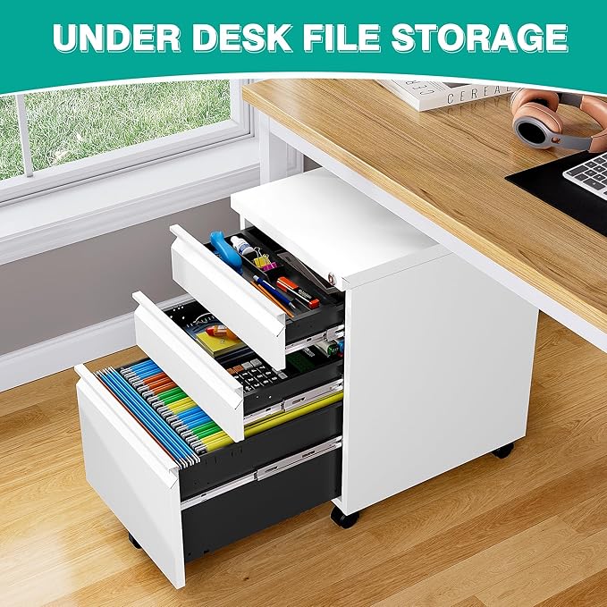 3 Drawer File Cabinet with Lock,Under Desk File Cabinet with Wheels,White Rolling File Cabinet,Three Drawer Metal Filing Cabinet for Home Office,Fit A4/Letter/Legal File,Fully Assembled Except Casters