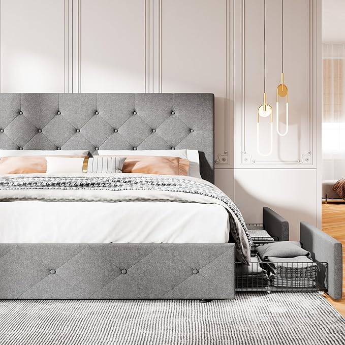 MUTICOR King Size Bed Frame with 4 Storage Drawers, Upholstered Platform Bed with Button Tufted Adjustable Headboard, No Box Spring Needed, Easy Assembly, Diamond Tufted, Light Grey Fabric