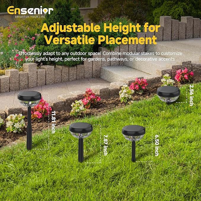 Ensenior 6-Pack Solar Lights Outdoor, Auto ON/Off 3000K LED Solar Garden Lights for Pathway, Yard, Patio, Walkway, Flower Bed, Waterproof, Energy-Efficient Landscape Lighting, Adjustable Height