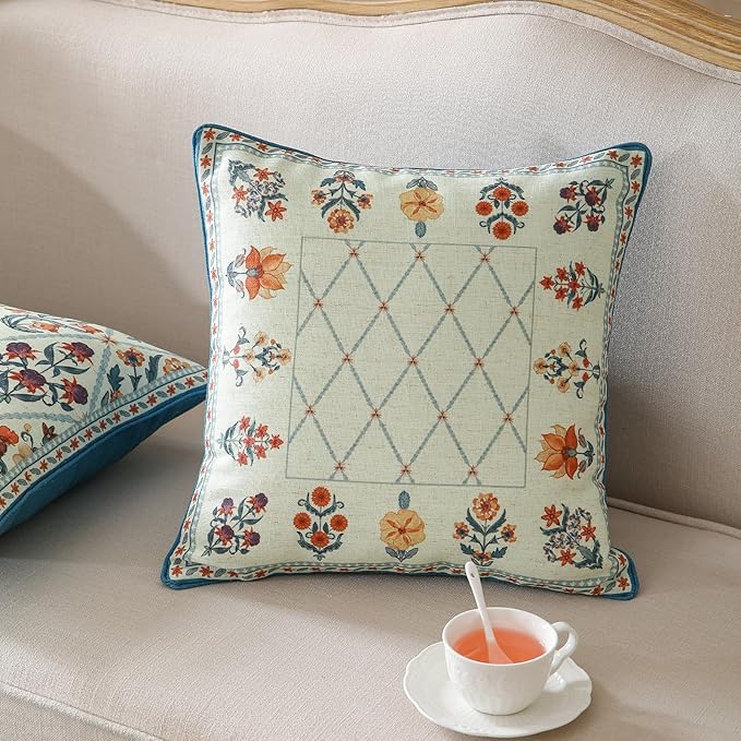 Design Square Linen Throw Pillow Covers 18"x18" Pack of 2, Blue Floral Country Cushion Covers with Colorful Wildflower Pattern Decor Pillowcases for Bed,Living Room,Outdoor,Car