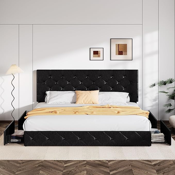 Allewie King Size Black Metal Faux Leather Platform Bed Frame with 4 Drawers
