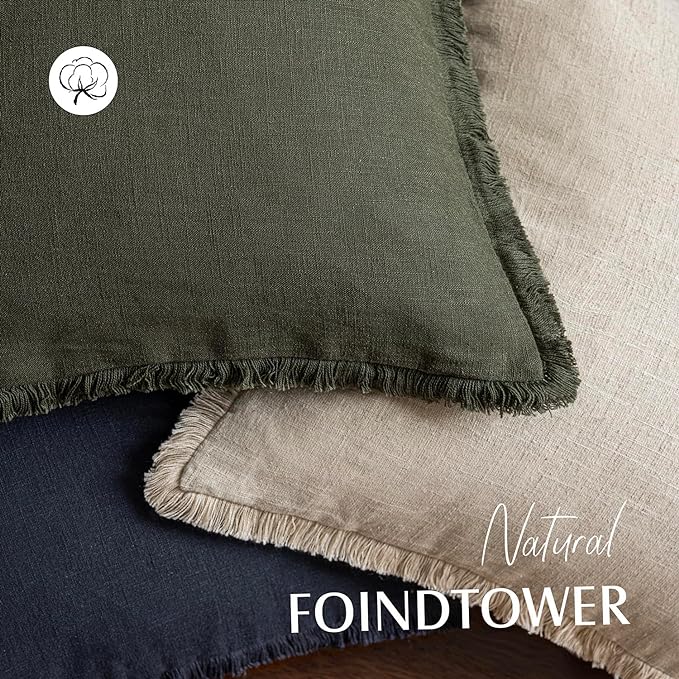 Foindtower Set of 2 Decorative Linen Fringe Throw Pillow Covers Cozy Farmhouse Cushion Cover with Tassels Accent Pillowcase for Couch Chair Sofa Bed Living Room Home Decor,18×18 Inch,Dark Olive Green