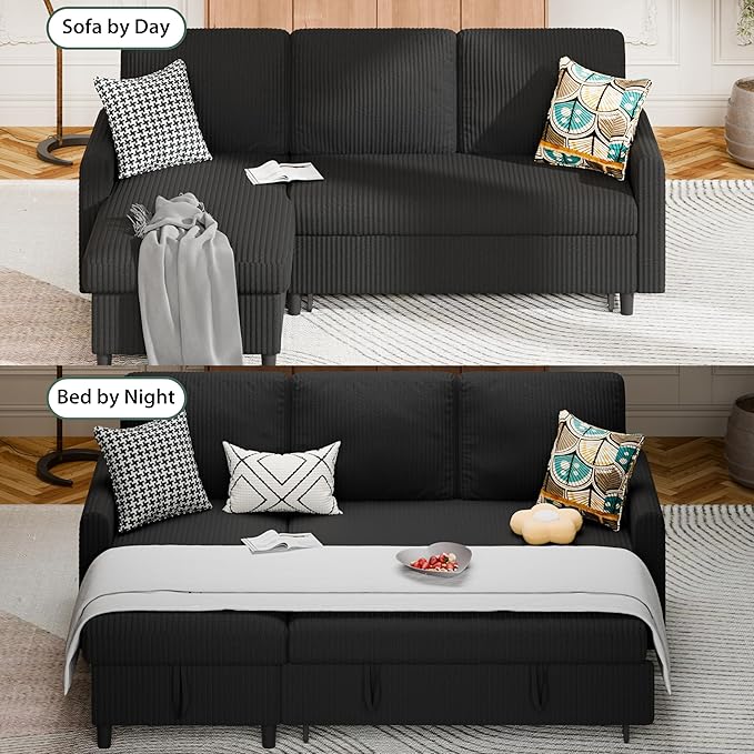 Sofa Bed Sleeper Pull Out 2 in 1 Sectional Sleeper Sofa Couches with Storage, Pullout Sectional Couches for Apartment Living Room,Black