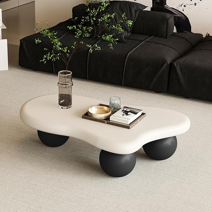 40 Inch Cloud Shaped Coffee Table with 3 Ball Legs for Living Room White Top Black Legs