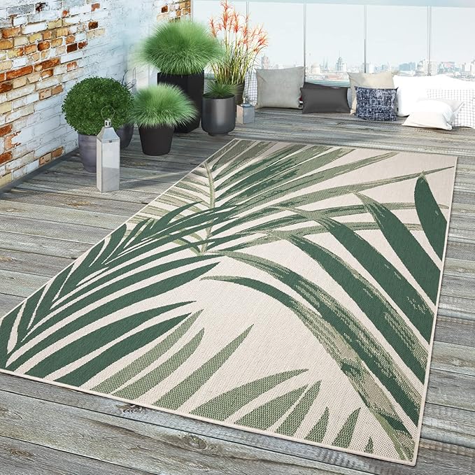 Tropical Outdoor Rug Palm Tree & Jungle Design Flatweave in Green Beige, Size: 6'7" x 9'6"