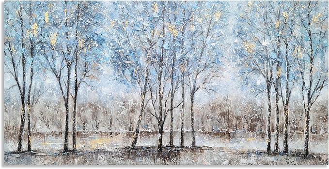 NdcSkyArt Forest Canvas Wall Art - Hand Painted Textured Abstract Tree Paintings with Gold Foil for Modern Décor