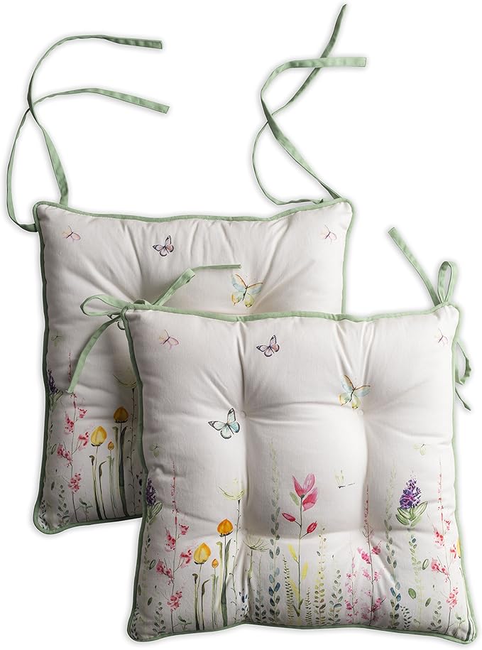 Maison d' Hermine Chair Pads for Dining Chairs Cotton Outer Fabric and Poly Filling 16"x16" Patio Seat Cushions for Furniture with Ties Home Chair Farmhouse (Botanical Fresh - Placed, Pack of 2)