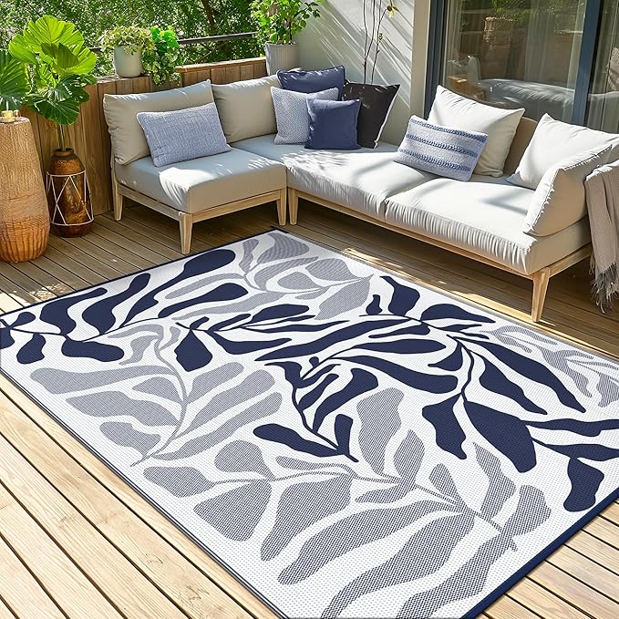 GENIMO Outdoor Rug 6' x 9' Waterproof for Patio Clearance, Reversible Plastic Straw Camping Carpet, Lightweight Rugs Mats for Rv, Backyard, Deck, Porch, Picnic, Beach, Balcony, Blue & White