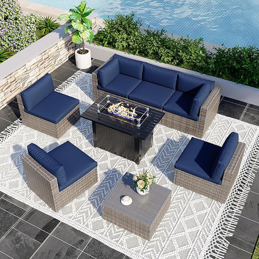 8 Pieces Outdoor Patio Furniture Set with 43" Fire Pit Table, Wicker Outdoor Patio Sectional Sofas Coffee Table, All-Weather Patio Conversation Set with Cushions for Garden Backyard, Navy Blue