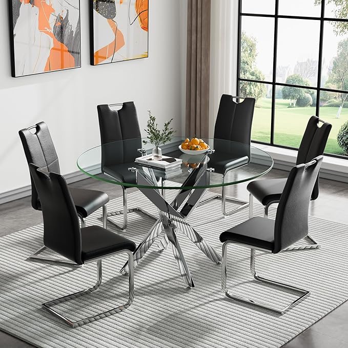 Goujxcy Round Dining Table Set for 6, Modern Glass Kitchen Table and Chairs Set of 6, 7 Piece Dining Room Table Set with 47" Circle Silver Metal Glass Dinner Tables and 6 Black Leather Dining Chairs