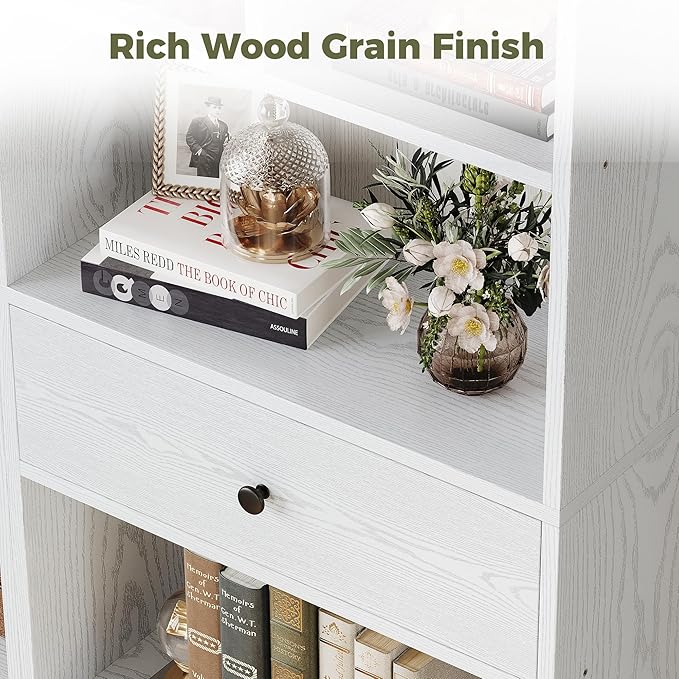 IRONCK Bookcase and Bookshelves, 70" Tall Bookshelf Floor Standing 6 Tiers Display Storage Shelves, Book Shelf with Drawers for Home Office, Living Room, Bedroom, Library, White