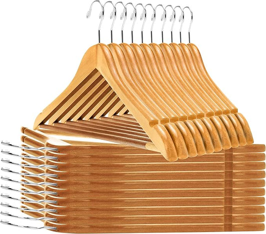 Quality Wooden Hangers - Slightly Curved, Heavy-Duty Coat Hangers with Stylish Chrome Hooks - Natural, 80 Pack Sets