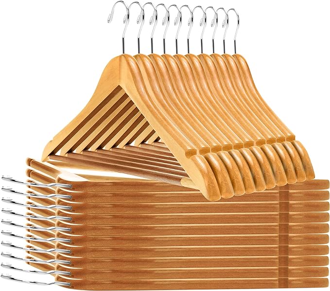 Quality Wooden Hangers - Semi Contoured Hanger Set in 20-Pack - Solid Wood Coat Hangers with Stylish Chrome Hooks - Heavy-Duty Clothes, Jacket, Shirt, Pants, Suit Curved Hangers (Natural, 20)