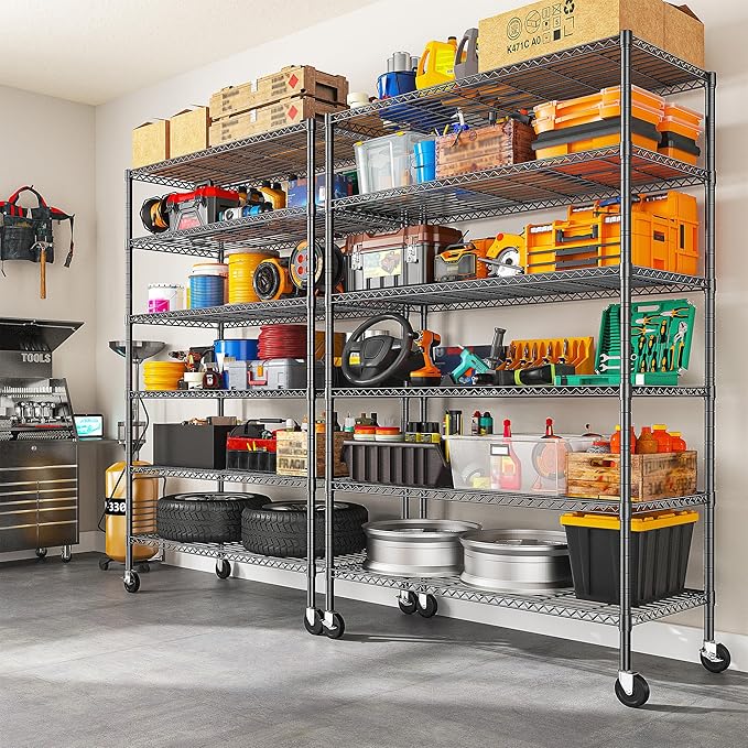 82" H X45 W X18 D Storage Shelves with Wheels, 6 Tier Wire Shelving Adjustable Metal Shelving Pantry Shelves Capacity 1200LBS for Garage Shelving, Pantry, Kitchen, Closet, Black