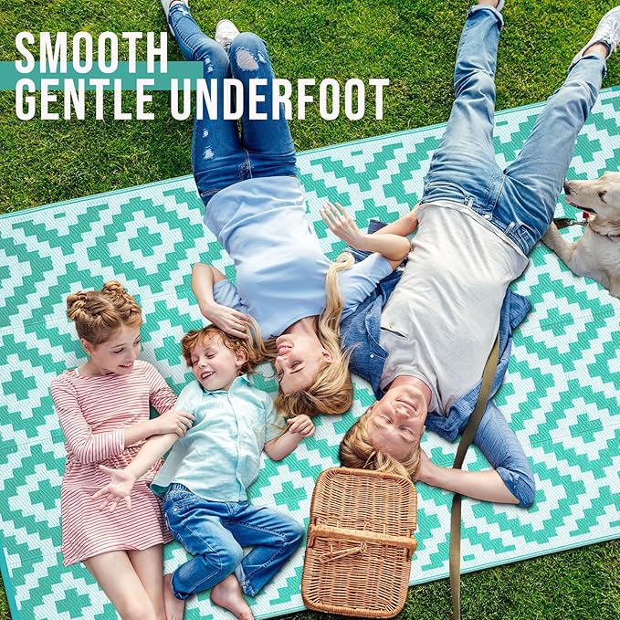 OLANLY Waterproof Outdoor Rug 10x14 ft, Outdoor Plastic Straw Rug for Camping, RV Mat Outside, Outdoor Carpet for Porch, Deck, Backyard, Balcony, Picnic, Turquoise & White