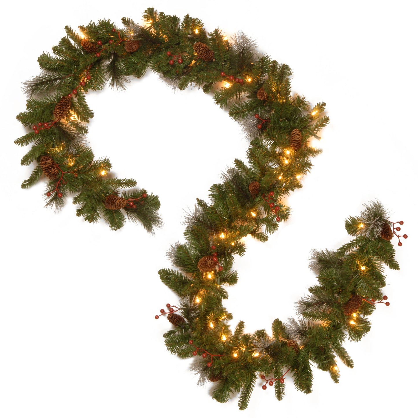National Tree Company Pre-Lit Artificial Christmas Garland, Green, Crestwood Spruce, White Lights, Decorated with Glitter, Pinecones, Berry Clusters, Battery Operated, Christmas Collection, 9 Feet