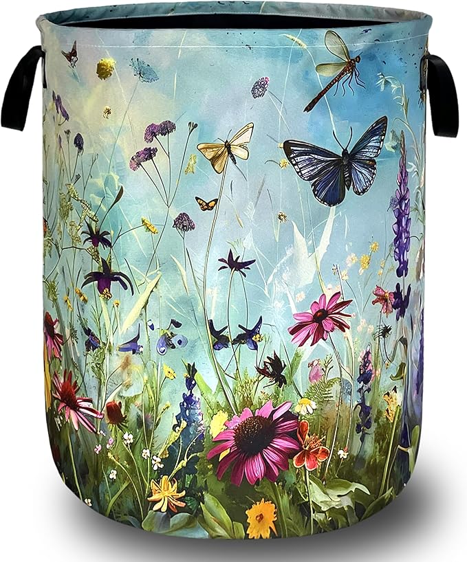 Colorful Flowers Laundry Basket Foldable Oxford Cloth Colorful Dargonfly Laundry Hamper With Handle Portable Clothes Storage Basket 18.9 X 16.5 Inch Storage Bag For Laundry Room/Bathroom/Bedroom