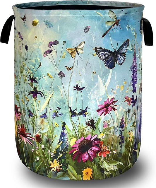 Colorful Flowers Laundry Basket Foldable Oxford Cloth Colorful Dargonfly Laundry Hamper With Handle Portable Clothes Storage Basket 18.9 X 16.5 Inch Storage Bag For Laundry Room/Bathroom/Bedroom