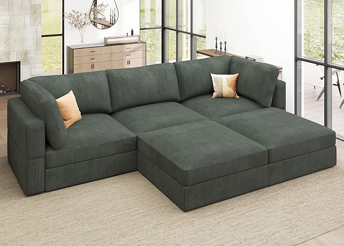 HONBAY Modular Sectional Sofa with Storage Corduroy U Shaped Sofa Modular Sectional Couches for Living Room,Green