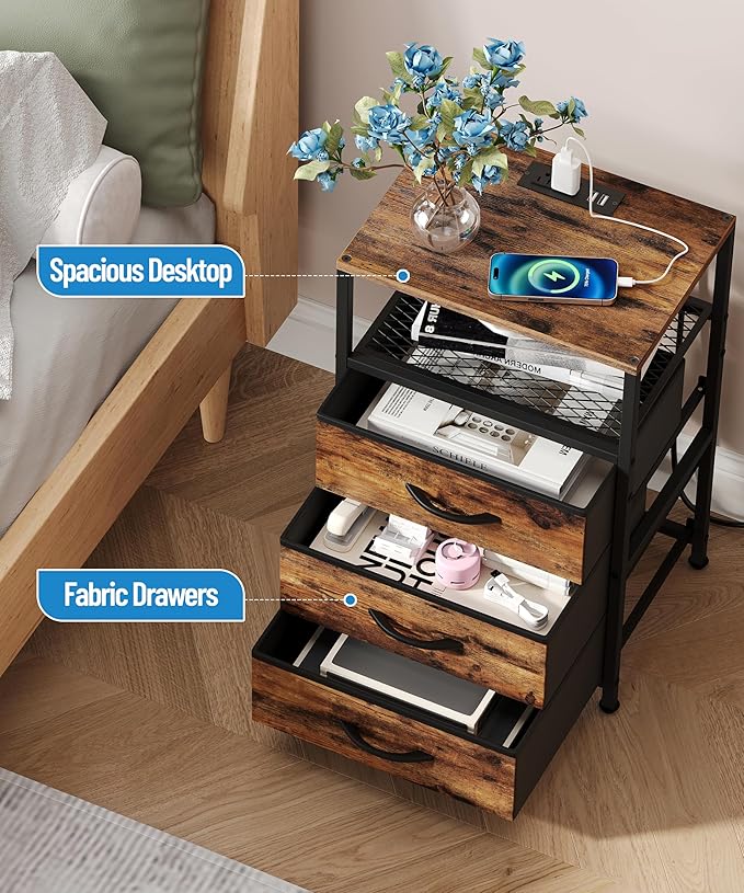 End Table with Charging Station, 11" D x 15" W Night Stand with LED Light, Nightstand with Fabric Drawers, Bedside Table with Open Shelf, Side Table for Bedroom, Living Room, Rustic Brown