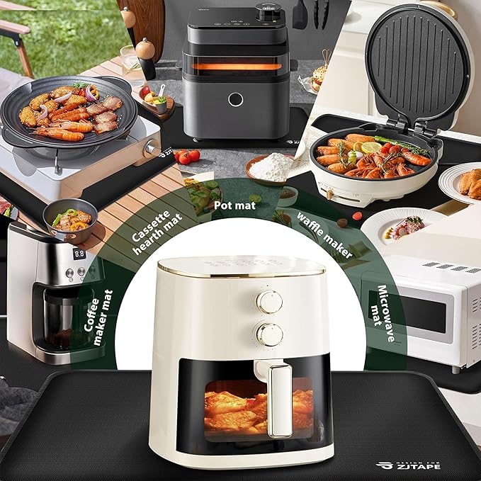 Heat Resistant Mat for Air Fryer Site - 23.6 x 15.7in, Fireproof Silicone Mats for Kitchen Counter, Countertop Protector, Non-slip & Waterproof for Deep Fryer, Oven, Coffee machine (Black)