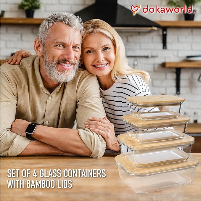 Set of 4 Stackable Space-Saving Nesting Glass Containers with Airtight Bamboo Lids - Lunch, Meal & Food Prep - Microwave & Oven Safe BPA Free Durable Heat Resistant Inert Borosilicate Glass