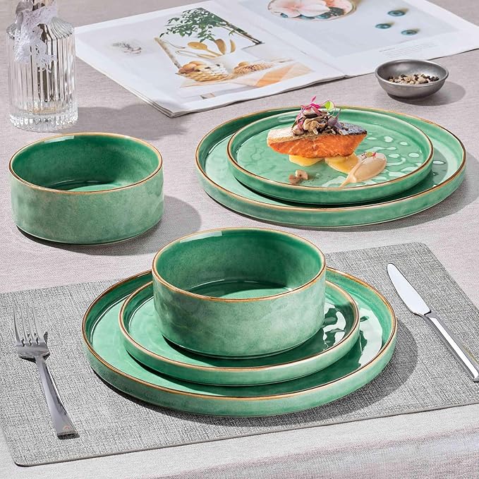 Herogo 12 Pieces Dinnerware Dish Sets for 4, Plates and Bowls Sets for Home Kitchen, Ceramic Dinning Dishes, Dishwasher & Microwave Safe, Gemstone Green
