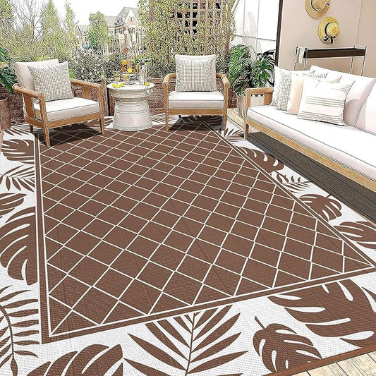 Ileading Outdoor Rug Carpet for Patio 9'x12' Waterproof Reversible Plastic Straw Rug Portable Outside Area Rug Camping Mat for Patio, Clearance, Balcony, Picnic, Pool, Beach, RV, Deck, Brown