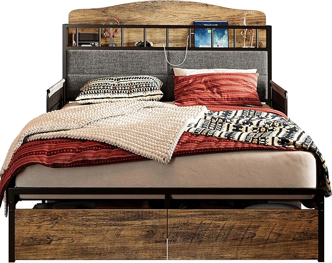 LIKIMIO Queen Bed Frame with Guardrail & Bedside Caddy, Multifunctional Headboard with Charging Station, Durable Metal Platform Bed, Noise-Free, No Box Spring Needed, Black