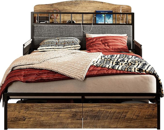 LIKIMIO Queen Bed Frame with Guardrail & Bedside Caddy, Multifunctional Headboard with Charging Station, Durable Metal Platform Bed, Noise-Free, No Box Spring Needed, Black