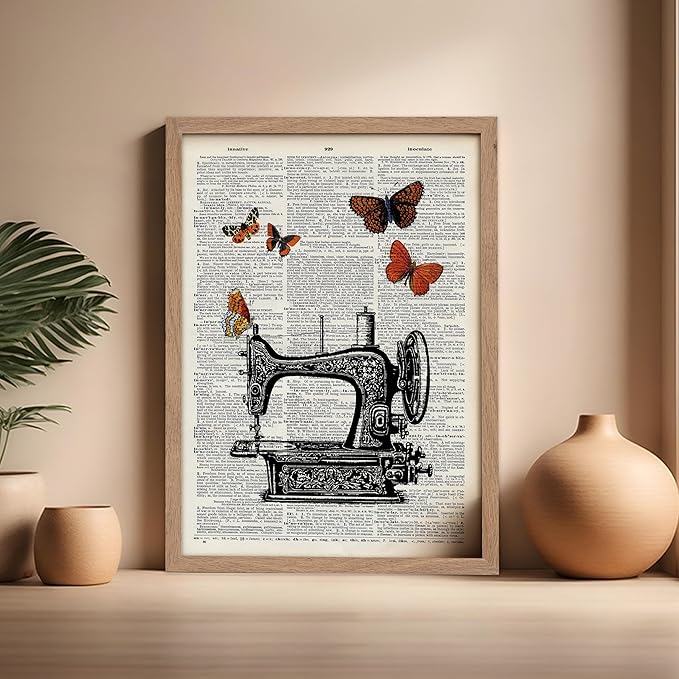 Poster Master Dictionary Art Poster - Sewing Machine Print - Sewing Art - Butterfly Art - Gift for Men, Women & Dressmaker - Chic Decor for Living Room, Bedroom or Office, 16x20 Beige Framed