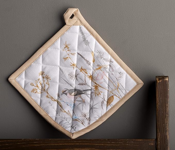 Maison d' Hermine Pot Holders 100% Cotton Heat Resistant Potholders 8" x 8" Hot Pads with Loop BBQ, Cooking, Grilling, Kitchen, Handling Hot Pans Spring/Summer (Pack of 1, Meadow Florals - Beige)