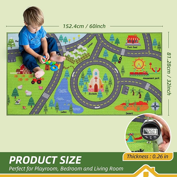 BEQHAUSE Kids Room Rugs City Life, 32”x60” Educational Road Traffic Kids Rug, Non Slip Washable Kid Carpets for Children Room Bedroom Playroom Nursery Room Decor