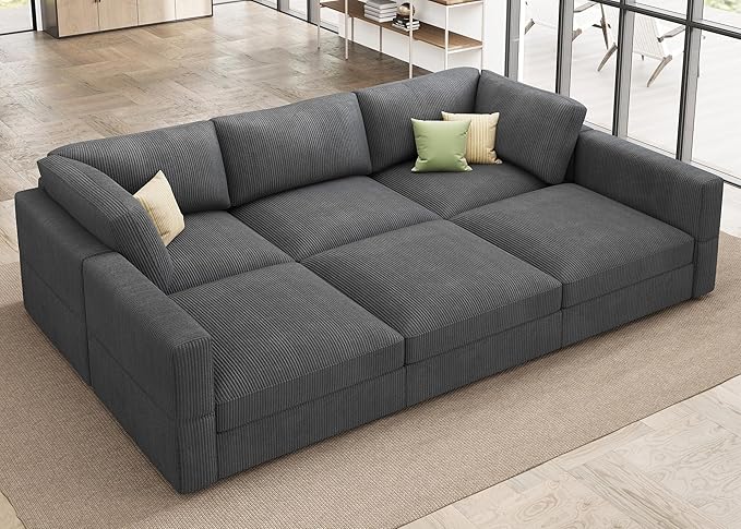 HONBAY Modular Sectional Sofa with Storage Corduroy Sleeper Sofa Modular Sectional Couches for Living Room,Dark Grey