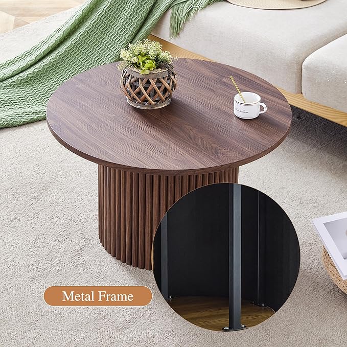 WILLIAMSPACE 27.5" Round Coffee Table with Ylindrical Leg, Modern Farmhouse Wood Circlar Center Table Accent Side End Table for Living Room Apartment, Walnut