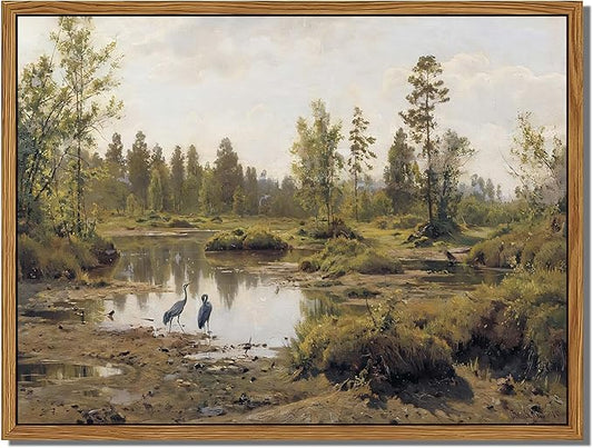 Floating Framed Canvas Wall Art Vintage Decor - Tranquil Marsh Landscape Wall Decor, Countryside Farmhouse Scenery Paintings Prints for Living Room Bedroom Office Decoration 8x10 inch
