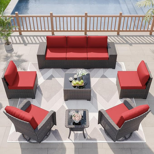 Kurapika 9 Pieces Patio Furniture Set, Rattan Sofa Set, Outdoor Conversation Sets w/Swivel Rocking Chairs Patio Sectional Sofa w/4 Inch Cushion, Red