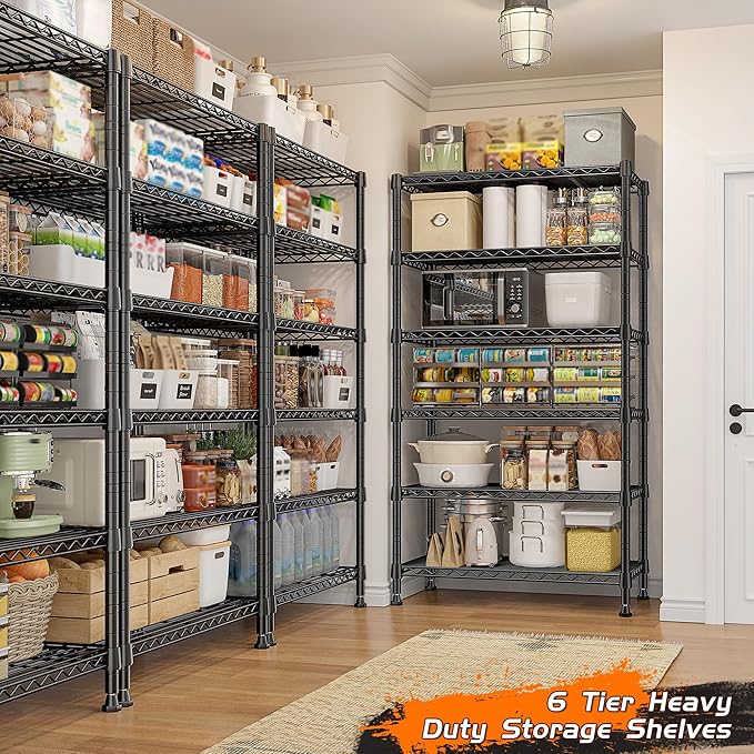 REIBII 6-Tier Metal Shelving Unit Storage Shelves, Sturdy Wire Shelving Adjustable Deep Pantry Shelves Load 800LBS Storage Rack for Kitchen Pantry Closet, Keep Organized, 2 Pack