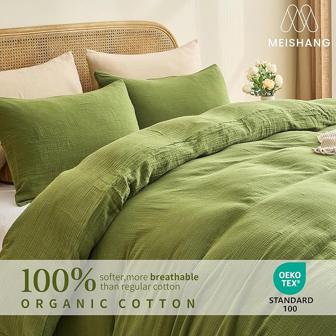 MEISHANG Muslin Duvet Cover King Size - 100% Organic Cotton, Soft Textured Gauze Weave Comforter Cover for Breathable All-Season with Zipper Closure - 3 Piece Set (King, Forest Green)