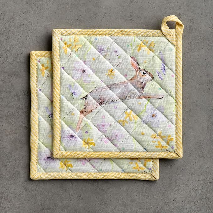 Maison d' Hermine Pot Holders Set 100% Cotton Heat Resistant Potholders 8" x 8" Hot Pads with Loop BBQ, Cooking, Baking, Grilling, Kitchen, Handling Hot Pans Spring/Summer (Pack of 2, Easter Zest)