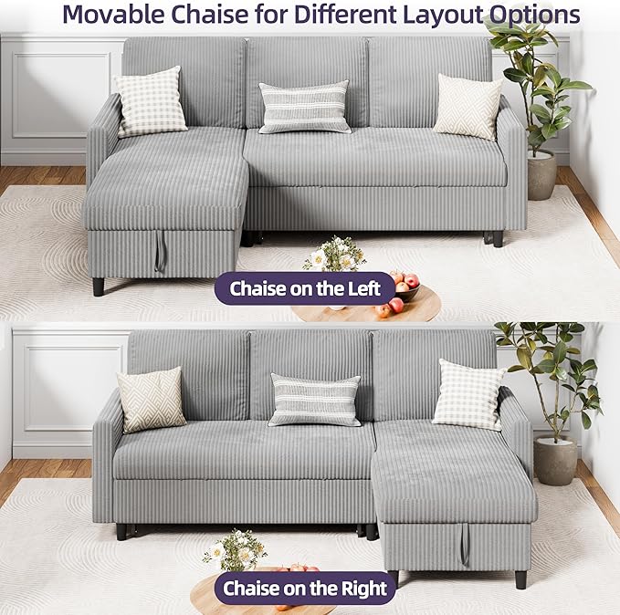 Sofa Bed Sleeper Pull Out 2 in 1 Sectional Sleeper Sofa Couches with Storage, Pullout Sectional Couches for Apartment Living Room,Light Grey