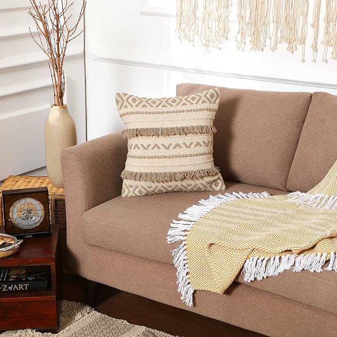 REDEARTH Handmade Boho Throw Pillow Covers - Bohemian Chic Farmhouse Style - Accent Woven Indoor and Outdoor Pillow Cushion Cases for Couch - Bed - Chair - Sofa - Benches – Set of 2-18"x18" - Taupe