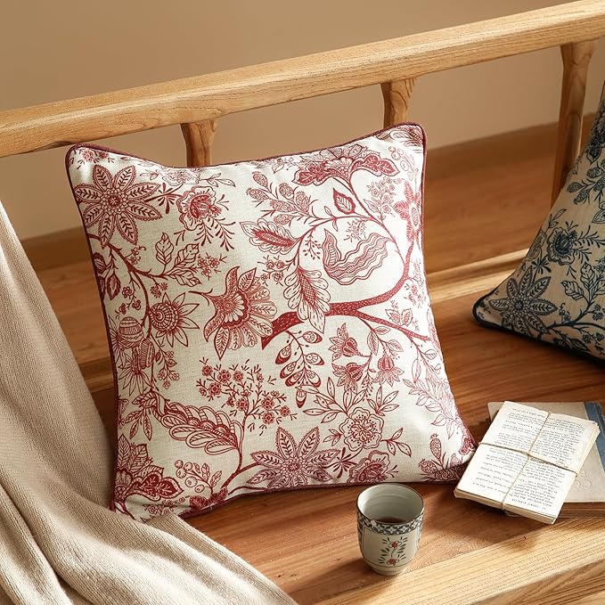 Design Linen Square Throw Pillow Covers 18"x18" Pack of 2, French Country Cushion Covers with Red Toile de Jouy Floral Pattern Decoration Pillowcases for Bed, Living Room, Outdoor, Car