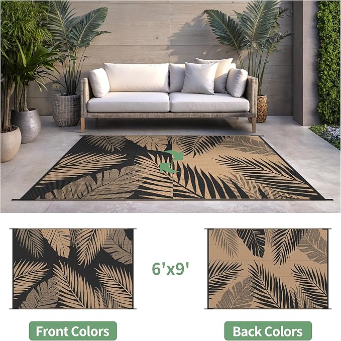Outdoor Rug 6’x9’ Waterproof for Patio Clearance, Reversible Indoor Outdoor Plastic Straw Camping Rug Carpet, RV Mat, Large Area Rug for Deck, Backyard, Balcony, Porch, Beach, Black & Brown