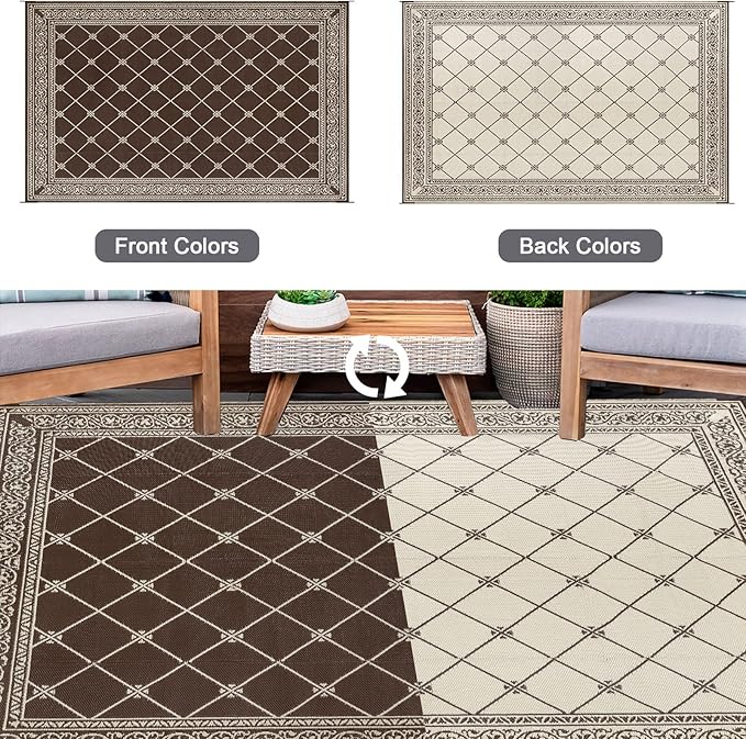 HiiARug Outdoor Rugs 9x12 for Patios Clearance Brown Camping Rug for RV Outside, Reversible Waterproof Plastic Straw Rug Large Outdoor Rug for Porch Beach Picnic Camper