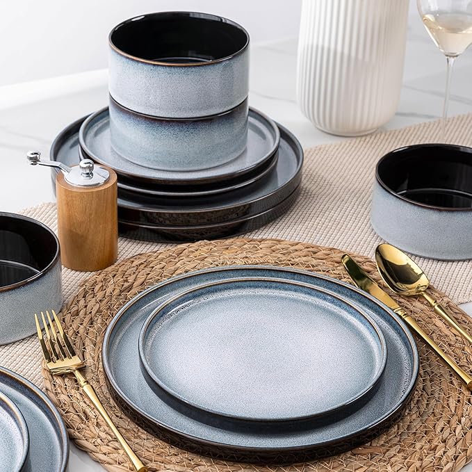 LERATIO Ceramic Dinnerware Sets for 4,Round Reactive Glaze Ceramic Plates and Bowls Set,Highly Chip and Crack Resistant | Dishwasher & Microwave Safe Dishes Set,Service for 4 (12pc)-Gray White