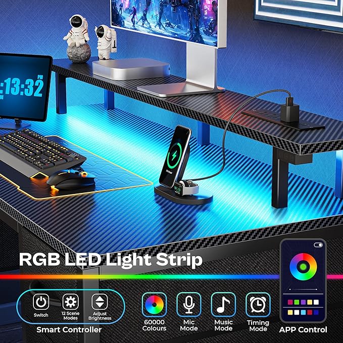 Huuger 47 inch Computer Desk with 4 Drawers, Gaming Desk with LED Lights & Power Outlets, Home Office Desk with Large Storage Space for Bedroom, Work from Home, Carbon Fibre Black