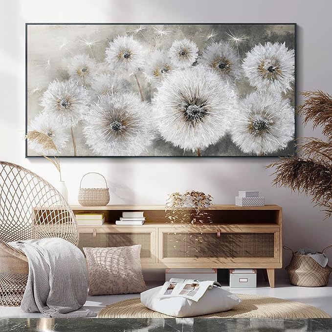 Pogusmavi Dandelion Wall Art Farmhouse Wall Art for Living Room Pictures for Bedroom Wall Decor Canvas Paintings Framed Wall Art for Bedroom Office Artwork Wall Decor Textured Art 30×60IN