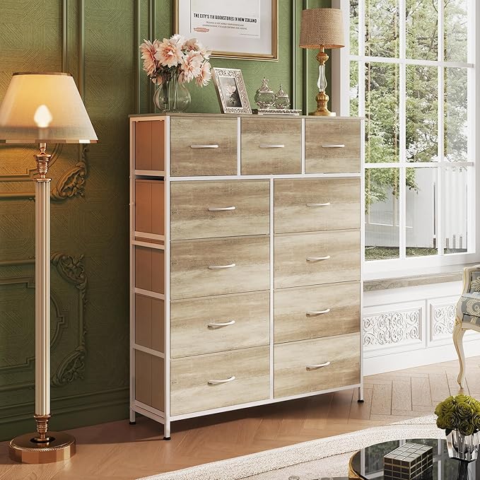 WLIVE Storage Organizer Unit with 11 Fabric Bins, Storage Drawers Organizer with Steel Frame, Tall Storage Tower Organizaton for Living Room, Hallway, Office, Greige